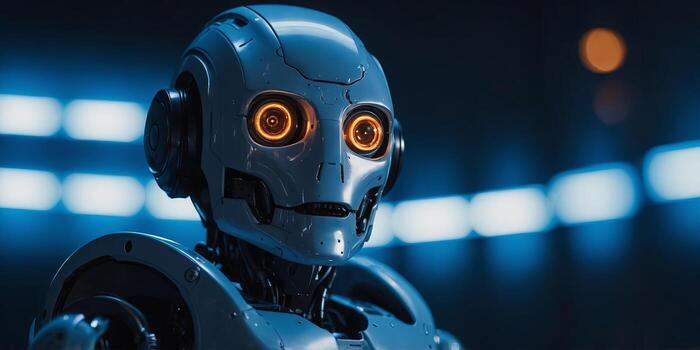 The image shows a robot surrounded by a blue light The robot has a human-like face and is looking at the viewer The background is a dark blue with bright lights. photo
