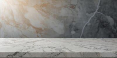 This image of a white stone marble table top with a blurred abstract background can be used as a backdrop for your products to be displayed or montaged. photo