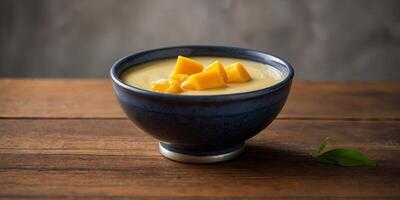 Savor the sweetness of Mango Pudding elegantly presented on a wooden table An enticing image for culinary projects and dessert themed designs. photo