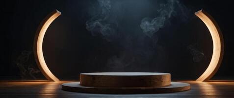 The empty wooden cylinder shape of product display Podium, Stand for showing or design blank backdrop dark abstract wall with smoke float up Platform illuminated by spotlights. photo