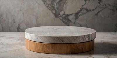 Round wooden platform on marble background, empty podium for product display mockup pedestal, wood, round, platform, marble. photo