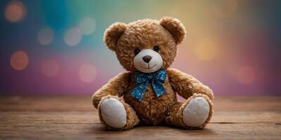Top view of a charming teddy bear positioned on a colorful background presenting ample copy space for images. photo