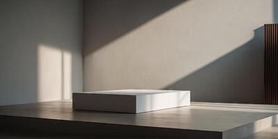 A podium for presenting with a white square and shadow on the wall Mockup image. photo