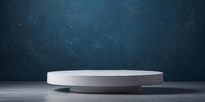 Round white empty platform on blue background with copy space for displaying product design. photo