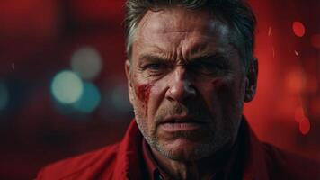A man with a red background and a face full of anger. photo
