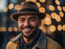 A man wearing a hat and a jacket is smiling and posing for a picture. photo