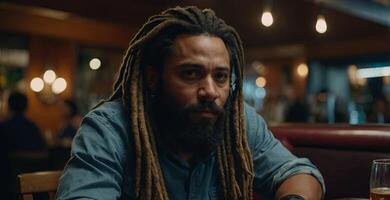 A man with a beard and dreadlocks sits at a table in a restaurant. photo