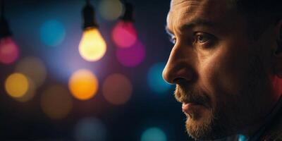 A man with a colorful head is looking at a light bulb The image is a representation of a creative idea or thought. photo