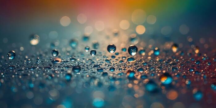 A close-up of water droplets on a glass surface, with a colorful gradient background, creating a vibrant and dynamic visual effect. photo