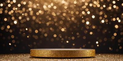 A gold podium on a glitter background with bokeh lights serves as a mock-up pedestal for product presentation. photo