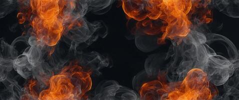 A dynamic background illuminated by flickering flames intertwined with dense smoke, the fiery oranges and deep grays forming a dramatic contrast. photo