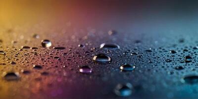 A close-up of water droplets on a glass surface, with a colorful gradient background, creating a vibrant and dynamic visual effect. photo
