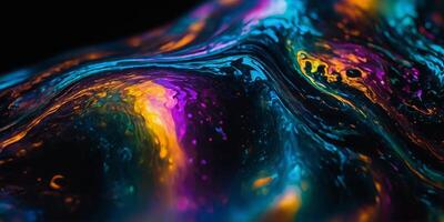 The iridescent, wavy melted substance of a holographic liquid blob is presented on a black background with a bold holographic blob form. photo
