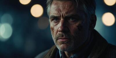 A man with a dirty face and a sad expression. photo