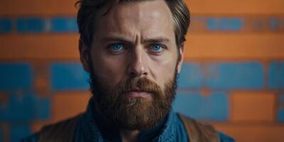 A man with a beard and blue eyes is standing in front of a blue and orange background The blue eyes are the focal point of the image, drawing attention to the man's face. photo