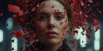 A striking image of a woman's face surrounded by red shards Perfect for dramatic and artistic projects. photo