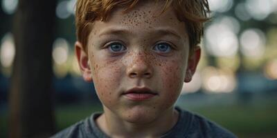 A young boy with distinctive freckles on his face. photo