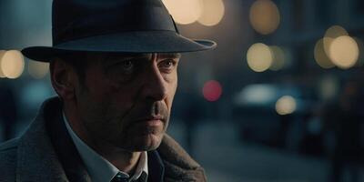 A suspenseful scene unfolds as a detective follows clues, promoting a gripping crime series , advertising style, copy space. photo