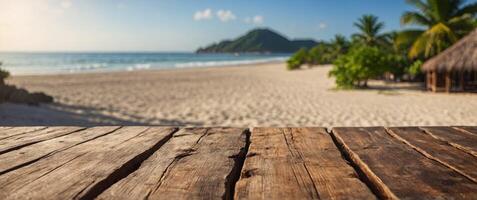 A wooden table top with a blurred tropical beach background for product display presentation, suitable for a summer vacation concept. photo