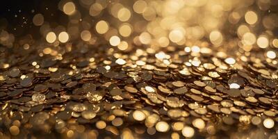 Abstract shiny gold sequins background with bokeh lighting, macro. photo