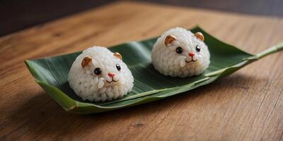 Adorable rice dumplings shaped like animals, wrapped in bamboo leaves, presented on a wooden surface with blurred background. photo