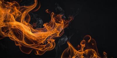 Abstract flames of fire with burning smoke on black background for products display. photo