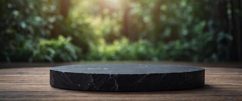 Black stone pedestal in stage for product display presentation Minimalistic organic showcase. photo