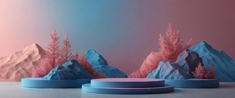 Blue and pink blending gradient podium for product presentation, minimal, abstract, mockup, background, blue, pink. photo