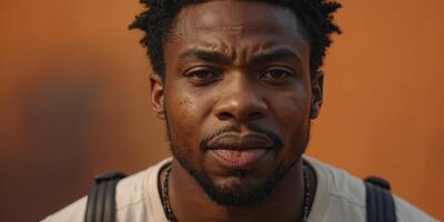 African American Guy Grimacing Expressing Different Emotions, Collage, Orange Background. photo