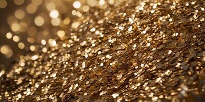 Abstract shiny gold sequins background with bokeh lighting, macro. photo