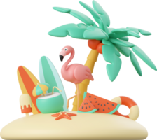 3d illustration of Summer concept, Flamingo, palm tree, surfboard, swimming ring and juice png