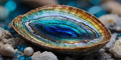 Close up of blue abalone pearl shell with shiny layers. photo