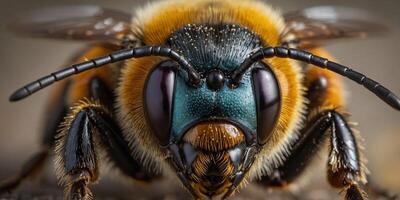 Close up view of a bee's head and its intricate eyes Perfect for nature and wildlife themed projects. photo