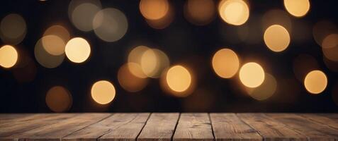 Christmas empty wooden table top with blurred Christmas lights garland home kitchen background, suitable for product presentation backdrop, display, mock up. photo