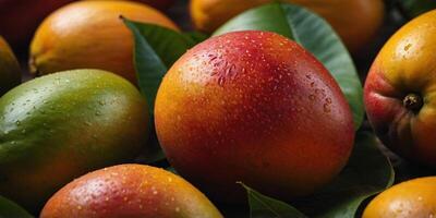 Closeup of a ripe mango its skin smooth and vibrant in color revealing the softness of its juicy ready to be enjoyed. photo