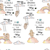 Minimalistic rainbow and heart pattern. Cute childish seamless pattern of rainbows, sloths, clouds, hearts on a light background. Ideal for fabric, textiles, packaging for children. Children pattern png