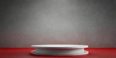 Empty pedestal display on red background with stand for product show or presentation. photo