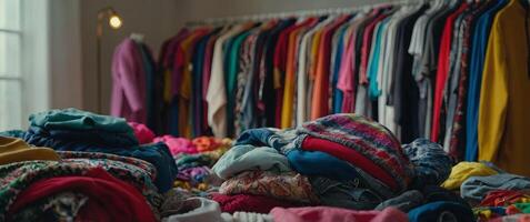 A room overflowing with a colorful array of different types of clothing items. photo