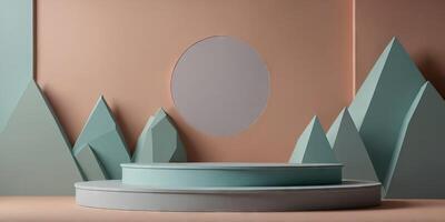 Minimalistic podium wall display on pastel background with geometric shapes for product presentation , mockup, showcase, promotion, product display, stand, podium, wall. photo