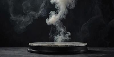 Empty round marble podium with smoke on black platform with black background for product display. photo