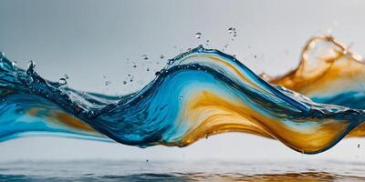 Colorful iridescent blue fluid water in motion with curves and turbulent flowing waves backdrop macro. photo