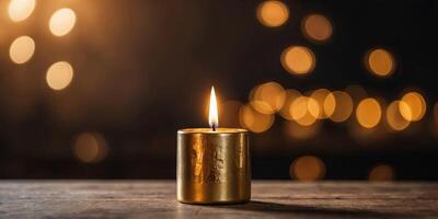 Wooden table with golden candle template blurred background. photo