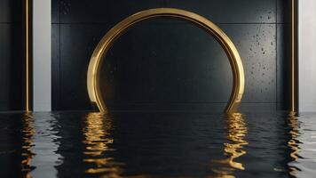 abstract modern minimal background with golden arch reflected in water on wet floor Empty showcase with gold round frame, empty product display platform. photo