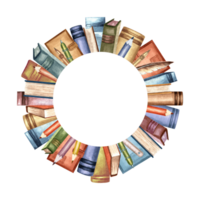 Books, round frame of vintage bindings. Composition with textbooks with copy space. Hand drawn watercolor illustration isolated. Knowledge for all. Template for card, website, bookstore or library. png