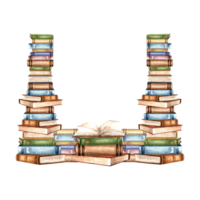 Book stacks, frame square. Composition with copy space from textbooks on bookshelf. Hand drawn watercolor illustration isolated. Knowledge for all. Template for card, website, bookstore or library. png