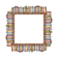 Book stacks, frame square. Composition with copy space from textbooks on bookshelf. Hand drawn watercolor illustration isolated. Knowledge for all. Template for card, website, bookstore or library. png
