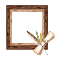 Writing supplies on wooden square frame. Scroll of paper, Feather pen and pencils. Hand drawn watercolor illustration isolated. Knowledge for all. Template with copy space for card, website, workshop. png