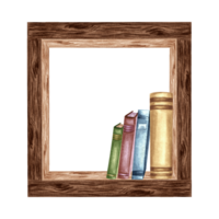 Books with Square frame of wooden texture. Bookshelf, cozy home interior item. Hand drawn watercolor illustration isolated. Knowledge for all. Template with copy space for card, website, bookstore. png