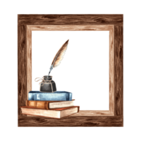 Books and inkwell with feather on wooden square frame. Bookshelf home interior. Hand drawn watercolor illustration isolated. Knowledge for all. Template with copy space for card, website, bookstore. png