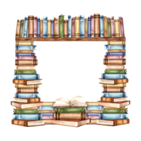 Book stacks, frame square. Composition with copy space from textbooks on bookshelf. Hand drawn watercolor illustration isolated. Knowledge for all. Template for card, website, bookstore or library. png